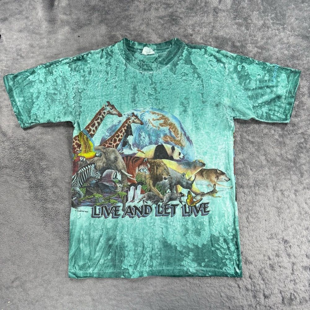 Vintage Skimmers Live and Let Live Zoo Graphic Teal Acid Wash Medium Made in USA